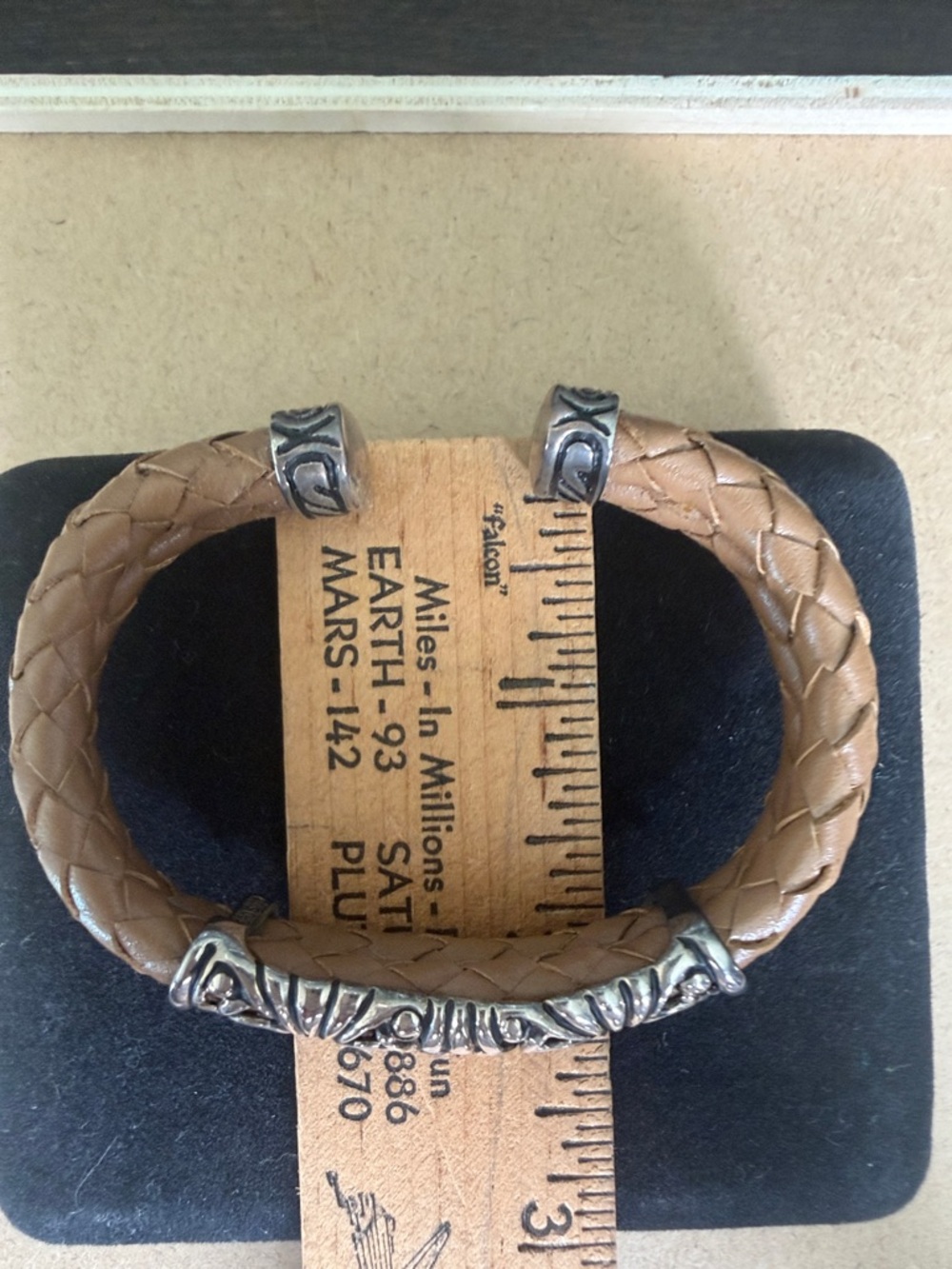 Braided Tan Leather Bracelet with Ornate Real Sterling Silver - Picture 7 of 7